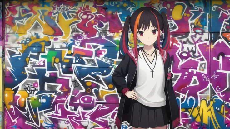 gothic theme. Masterpiece , best quality, 1girl, One, necklace, ( graffiti:1.5), paint splashes , hands behind your back, against the wall, looks at the viewer, multicolored hair, pigtails