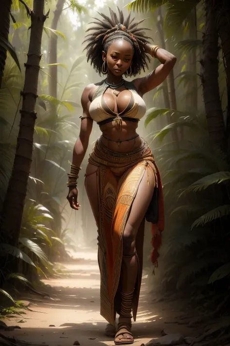 an image of a beautiful wild African girl, with beautiful sagging breasts, slender body, big breasts, thin waist, dynamic pose from a photograph taken in an African forest