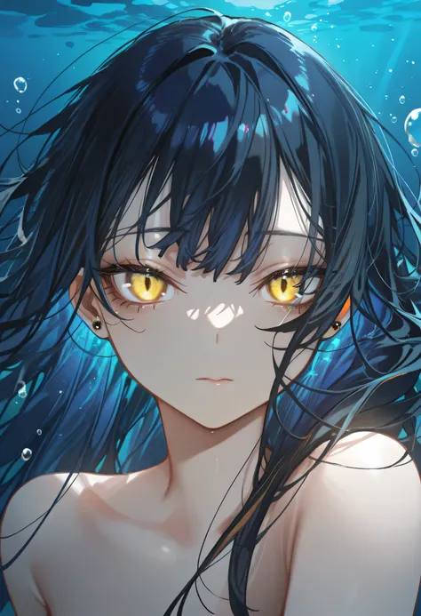 aruhshura, solo,bangs,eye focus,face,close-up,sparkle,looking at viewer,glowing,eyelashes, 1girl, dark atmosphere, mysterious and enchanting setting, black hair, long and flowing hair, silky and weightless strands, subtle blue highlights, golden eyes, pier...