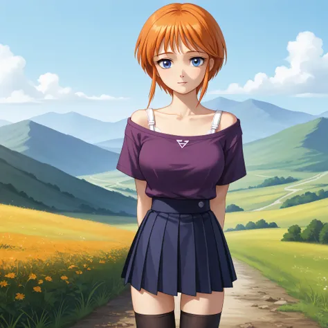 masterpiece, beautiful detailed, (score_9:1.1), source_anime, (1990s\(style)\:0.5), landscape, BREAK, zz_ple, purple shirt, orange hair, short hair, sidelocks, blue eyes, BREAK, longtorso_v0.63_pony, Elpeo Ple, BREAK, solo, (1 skinny girl standing), lookin...