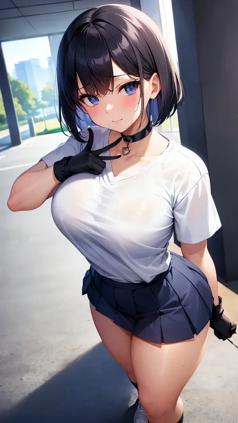 4K, Maxless, Super Detail,  female student,  High School Girl Uniform,   tight shirt , Chest, Big Breasts, big butts,  tomboy, is sweating in the cup, In the school hallway, bob cut the blue cloth, black gloves,  white sneakers, full body,  from the front ...