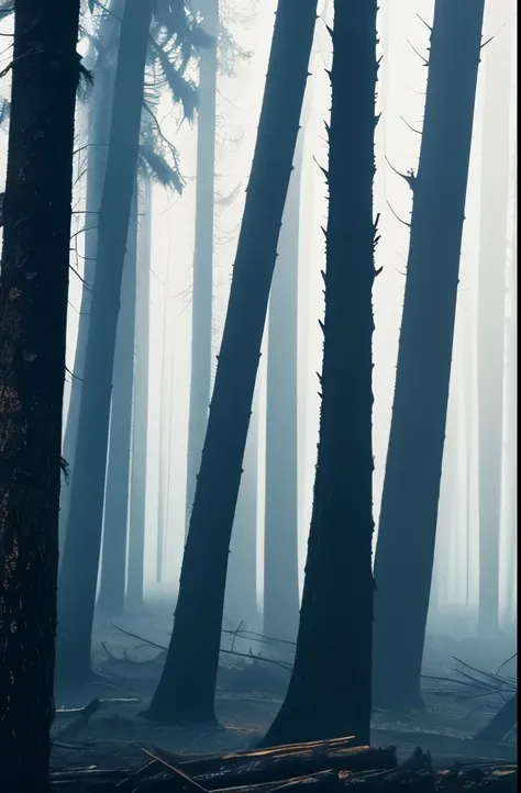 a close up of a forest with dead trees in the fog, dead forest, destroyed forest, dead tree forest, dystopian gray forest background, ominous and eerie forest, dead trees, burned forest, creepy forest, burnt forest, grey forest in the background, eerie atm...