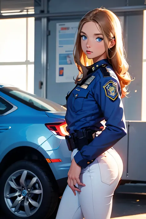 Girl . American police officer in uniform . brown-haired . blue eyes . about 30 years of age . She examines the intruder's car .