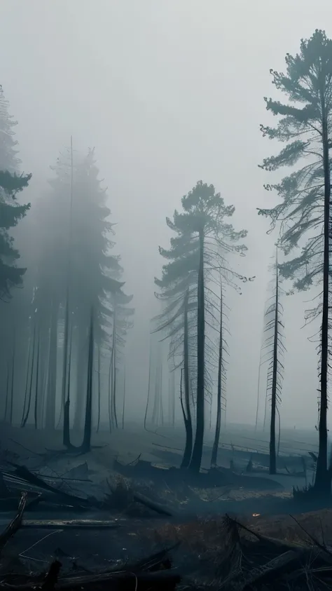 a close up of a forest with dead trees in the fog, a picture by Adam Marczyński, pexels, romanticism, dead forest, destroyed forest, dead tree forest, dystopian gray forest background, ominous and eerie forest, dead trees, burned forest, creepy forest, bur...