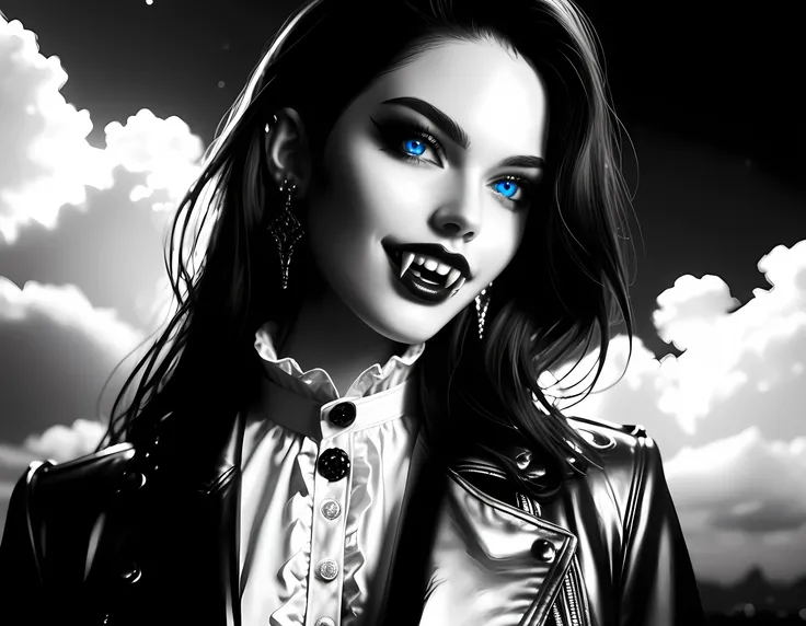 score_9, score_8_up, score_7_up,goth black and white anime art, (black and white art: 1.5) mostly black and white, a picture of a beautiful female vampire, best detailed face, black hair, long hair hair, (blue eyes: 1.3), wearing trench coat, wearing a ski...