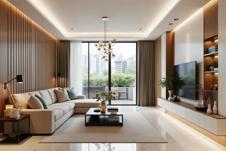 Large modern living room roomy and elegant with a minimalist yet luxurious design. The space has a neutral palette of white, beige and light gray , dots in warm wood tones and metal details. A large sofa, comfort with luxurious cushions arranged around the...