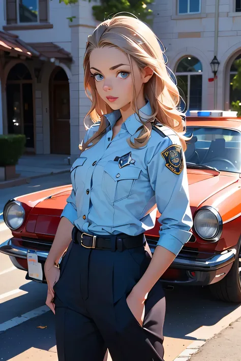 Girl . American police officer in uniform . brown-haired . blue eyes . about 30 years of age . She examines the intruder's car .