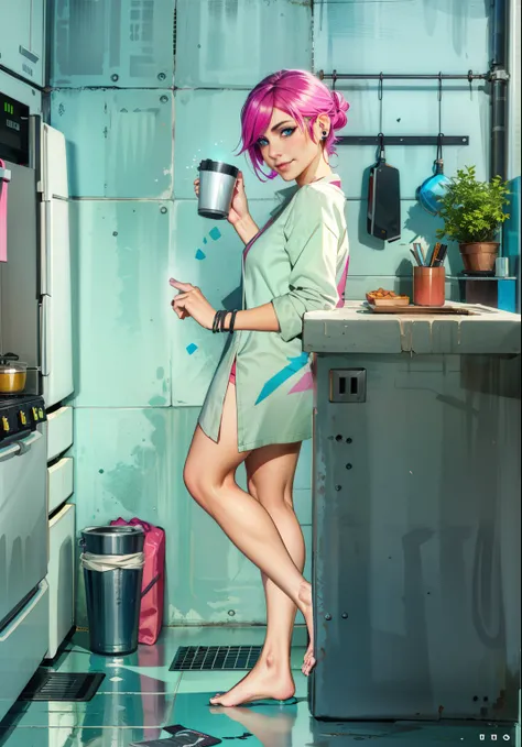 looking at viewer romantically, (extremely detailed CG unity 4k wallpaper),(best illustration),(best shadow),(absurdres), (simple background), fetchxl, multicolored hair,pink hair, blue eyes, Oversized shirt, earrings, natural light, morning, nose ring, lo...
