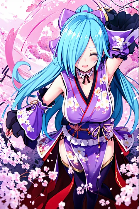 masterpiece, best quality, (1girl, solo),
yamato iori, 1young__girl, virtual youtuber, solo, gloves, bow, hair bow, long hair, hair over one eye, thighhighs, blue hair, fingerless gloves, half_closed_red_eyes, japanese clothes, full body, detached sleeves,...