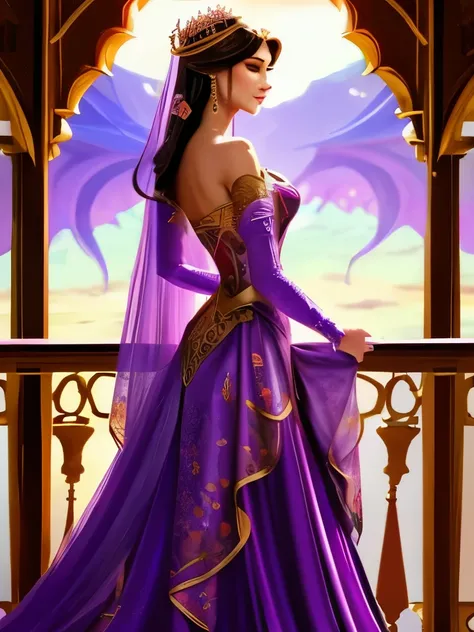 a woman in a purple dress standing on a balcony with flowers, ((a beautiful fantasy empress)), fantasy art style, beautiful character painting, a beautiful fantasy empress, beautiful fantasy art, beautiful digital illustration, beautiful digital artwork, f...