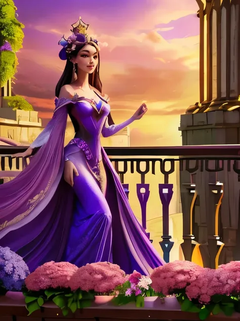 a woman in a purple dress standing on a balcony with flowers, a digital painting inspired by Cynthia Sheppard, trending on cg society, fantasy art, ((a beautiful fantasy empress)), fantasy art style, beautiful character painting, a beautiful fantasy empres...