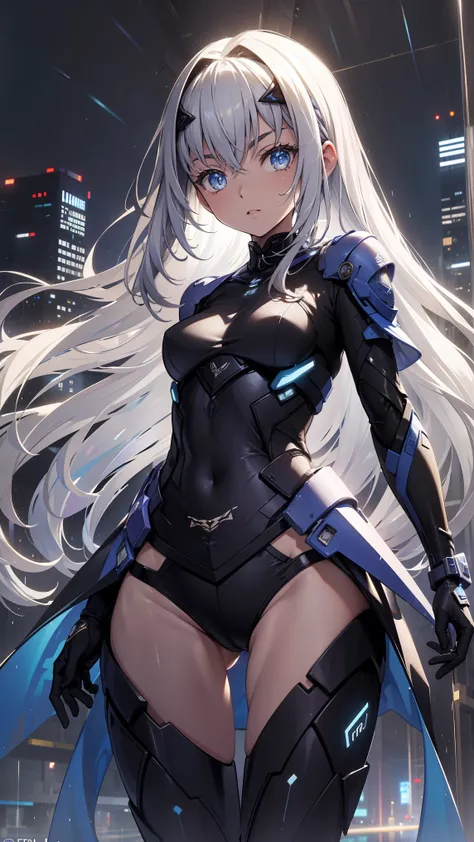 (  is of the highest quality,4K, 8,000, high resolution,  masterpiece :1.2),  Super Fine ,   girl ，Holy，( Silver white long hair  )， blue eyes ，obsessed， Elegant posture ，玩得 happy ，in love， Lovely cloth  ， Detailed clothes ，pattern，Swimsuit， happy ， Sci-fi...