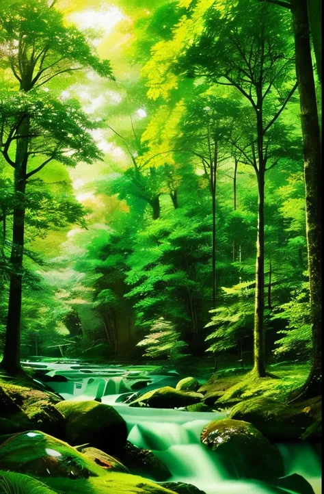 there are many green leaves on the trees in the forest, anime nature, anime nature wallpap, (((forest))), japan lush forest, verdant forest, glowing forest, forest ray light, ((forest)), lush forest, glowing green, peaceful lushious forest, green flora for...