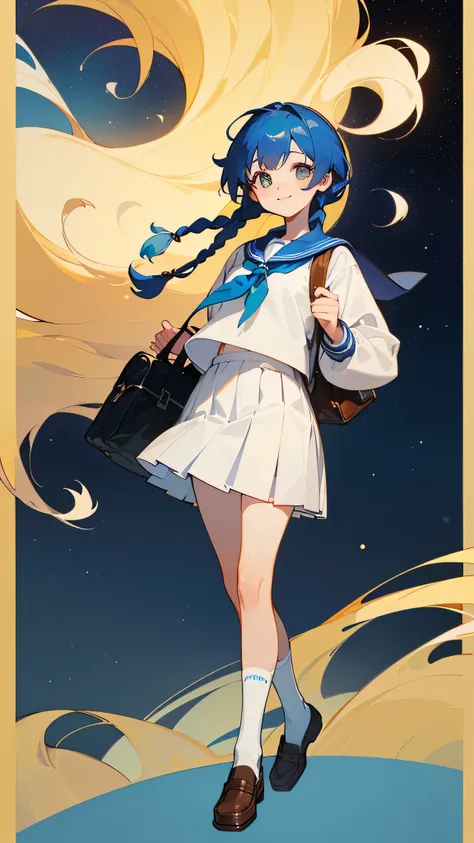 (highest resolution in elementary school,  clear _ images,1 person), (Top Quality,  masterpiece, very detailed, Semi-realistic, deep blue hair,Immature woman,braids, white sailor suit,golden droopy eyes,black loafers,beautiful legs,Top Quality,  masterpiec...