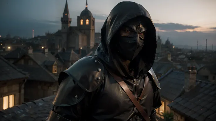 "A mysterious hooded assassin dressed in dark leather armor, blending perfectly with the night. Twin curved daggers shimmer with a faint purple glow as he moves silently across the rooftops of a medieval city. His red eyes peek out from the shadows of his ...