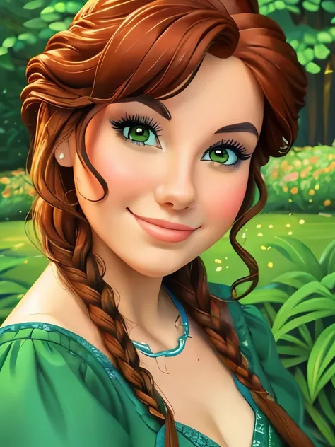 a close up of a woman in a green dress in a garden, portrait of princess merida, disney art style, beautiful character painting, art in the style of disney, disney concept art, beautiful digital illustration, disney character style, disney artstyle, beauti...