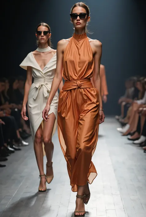 Create a runway with a blurred background and models walking on it, men's and women's models with modern and extravagant clothes, Wearing sunglasses, with their well-defined faces,and well-defined nose without deformations since they will be the central ob...