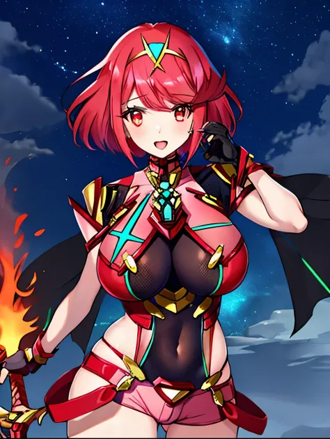 pyra \(xenoblade\), _1girl, armor, bangs, black gloves, breasts, red eyes, closed mouth, earrings, eyelashes, fingerless gloves, floating hair, framed breasts, gem, gloves, hair ornament, headpiece, jewelry, big_breasts, leaning back, leotard, neon trim, o...