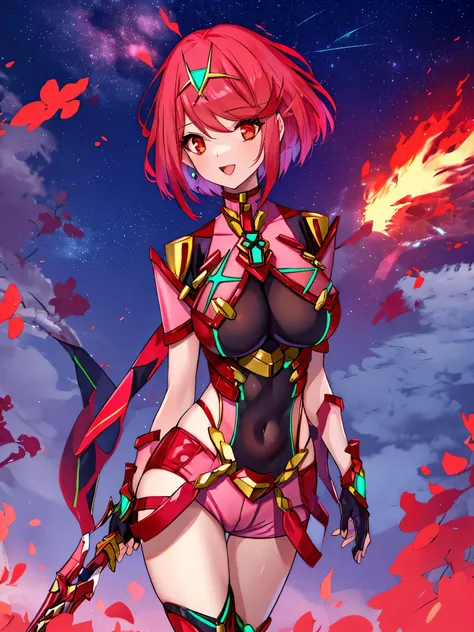 pyra \(xenoblade\), _1girl, armor, bangs, black gloves, breasts, red eyes, closed mouth, earrings, eyelashes, fingerless gloves, floating hair, framed breasts, gem, gloves, hair ornament, headpiece, jewelry, big_breasts, leaning back, leotard, neon trim, o...