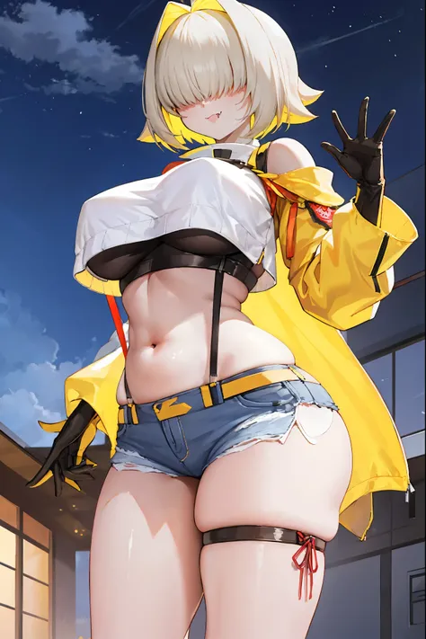 score_9, score_8_up, score_7_up, source_anime BREAK 1girl, solo, elegg, short hair, bangs, hair intakes, multicolored hair, hair over eyes, crop top, bare shoulders, long sleeves, suspenders, midriff, navel, short shorts, thigh strap, multicolored_gloves, ...