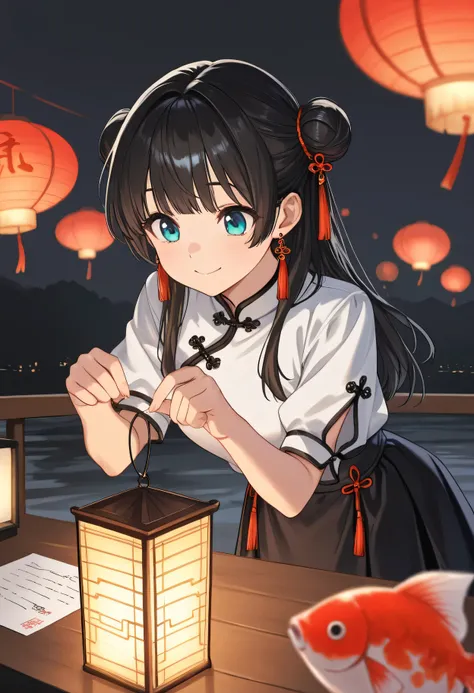  1 girl, alone,  long hair,  blue eyes,     black hair,    Aqua Eyes,  happy,  closed his mouth, small ,  hair bun,   double bang , , blunt bang,   object , looking at  lantern, holding  lantern, Bend over,   shirt,  Flat{x}honny  {x} skirt humili ,   Long...