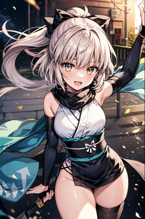  cute face, perfect face, perfect hands, 1teen_girl,okita souji \(FGO\), okita souji \(fate\), white_pink_ponytail,black_bow,sleeveless_white_short_kimono,
 smile,happy,gold_eyes, thigh-highs, straw_sandals,medium_breasts,  , fighting_pose ,town_background...