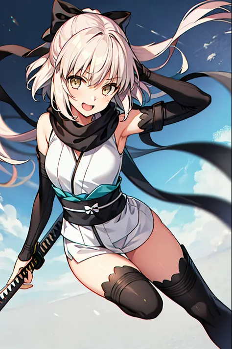 cute face, perfect face, perfect hands, 1teen_girl,okita souji \(FGO\), okita souji \(fate\), white_pink_ponytail,black_bow,sleeveless_white_short_kimono,
smile,happy,gold_eyes, thigh-highs, (straw_sandals:0.6),medium_breasts, ,town_background,black_lon...