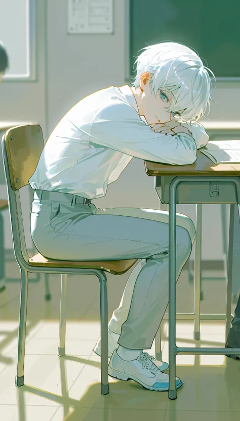 (((( :1.6)))), perfect face,   Beautiful Faces,  very detailed face ，( A man with short white hair:1.4)、 , shirt, pants, classroom, chair,  full body, side view