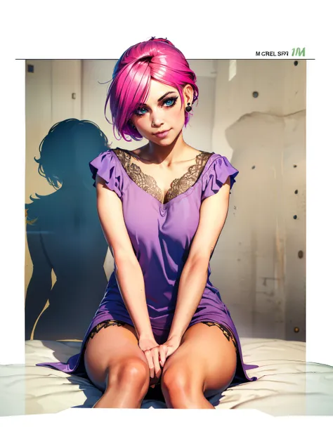 looking at viewer romantically, (extremely detailed CG unity 4k wallpaper),(best illustration),(best shadow),(absurdres), (simple background), fetchxl, multicolored hair,pink hair, blue eyes, short nightgown, earrings, natural light, morning, nose ring, lo...