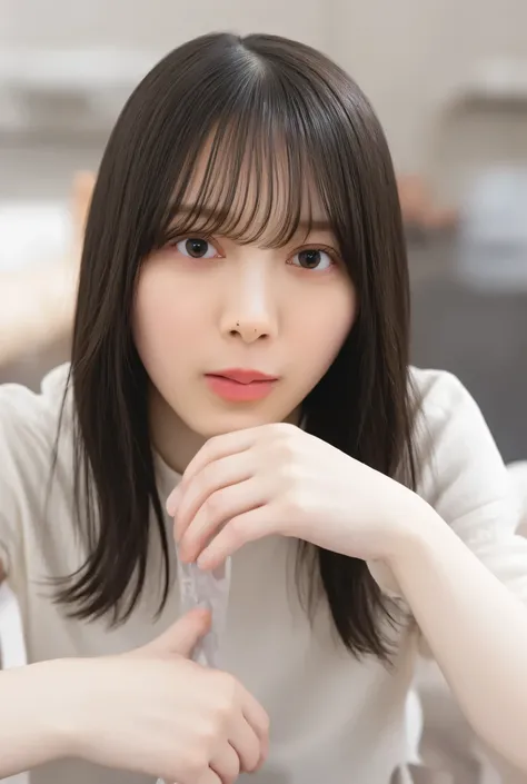 A woman is eating a penis , It stretches below the nose 、Front 、completely naked、completely naked、 white skin、 にした white skinのボブ, beautiful eyes, bungs, black hair long hair 、 photorealistic, Bulma's High Definitio...