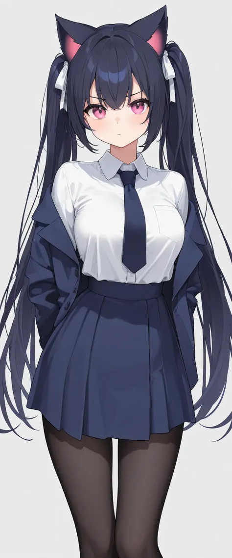 Masterpiece, Masterpiece, top quality, high resolution, 1 girl, solo, Serika Kuromi, pink eyes, navy blue hair, very long straight twin tails, very cute face, look at viewer, medium busy breasts:1.3, round body, slender, (she is wearing navy blue school ja...