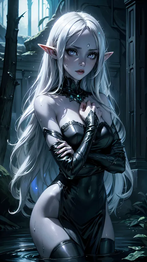 Light elf woman (drow) , black long hair , 1girl , revealing tight black dress , white eyes , fantasy place , magical , Creepypasta , character , no glowing eyes , magic , oc (masterpiece) , (best quality) , (ultra-detailed) , very aesthetic , illustration...