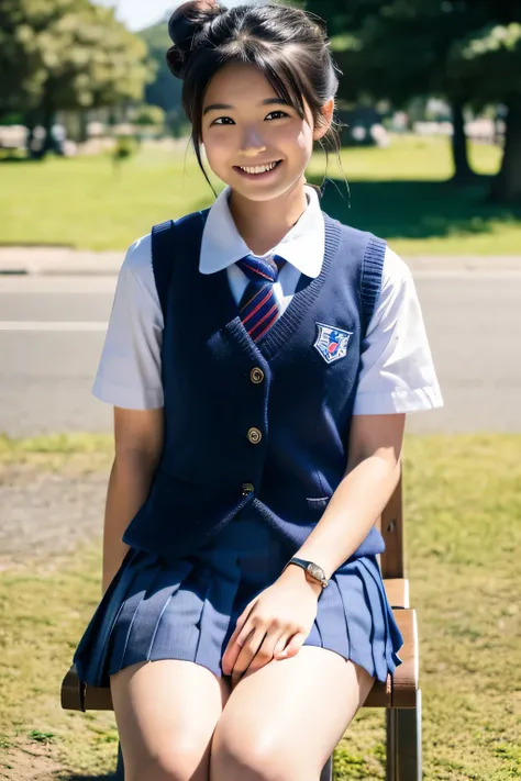 ((masterpiece)), japanese, (a girl), (18 years old), (((school uniform))), smiling, a park, dark blue knit vest, (slender thighs), (view from front), sunshine, hair bun, (((large chests))), 