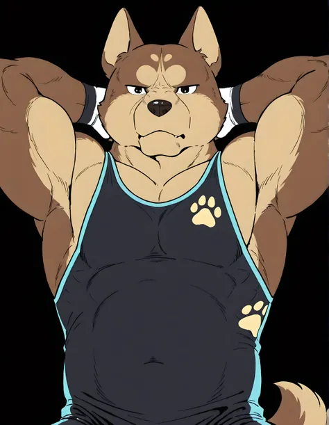 Riki (Ginga), anthro body, dog, brown fur, male, solo, simple background, black background, looking at viewer, half body, flat color, front view, muscular, (black wrestling singlet), dynamic pose, paw print on singlet, wrestling pose