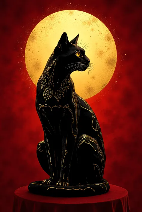 Contemporary luxury interpretation of the classic Le Chat Noir poster featuring a bold geometric black cat silhouette enhanced with art deco inspired golden filigree patterns along its profile set against a rich crimson velvet textured background with a pe...