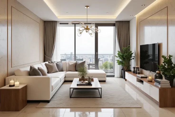 A modern, luxurious living room with a minimalist design. The room features a large L-shaped white sofa adorned with decorative pillows in neutral and pastel tones. A sleek, marble-top coffee table with a wooden base sits in the center, holding candles, bo...