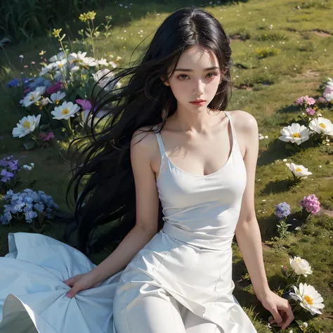 ((masterpiece)), ((best quality)), ((ultra-detailed)),((hyperrealistic)),(cute girl),(shiny skin),(black hair),long hair,forehead,(plain forehead),(black eyes,tareme,droopy eyes),(small breasts.slenderbody),,white shirt,long skirt,in the field of flowers,