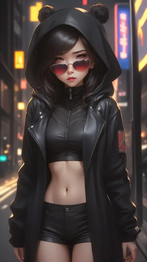 ((Best Quality)), ((Masterpiece)), (Very detailed: 1.3), 3D, NeonNoir, a close up of a beautiful cyberpunk loli    (((selena Gomez:Emma Watson:0.7))) (( 27 yrs old))  (holding teddy bear: 1), (wearing sunglasses: 1.2), (diamond-shaped pupils: 1.2), heart-s...