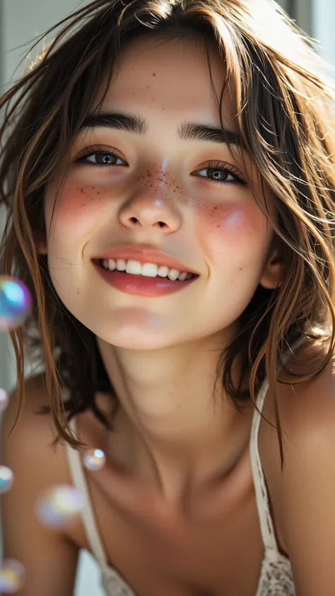 8k, Masterpiece, Top Quality, Close-up,  eye-level,  fair skin, freckles, sun-kissed,  blue eyes,  wide smile, white teeth,  long light brown hair,  shoulder-length hair,  bare shoulders,  no costume, relaxed pose,  blurred background,  soap bubbles, iride...