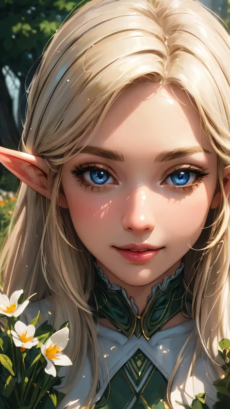 Create a blonde elf with two white streaks in her hair, no medieval time,detailed face,detaile eyes,detailed hand, elf woman, full body, sexy