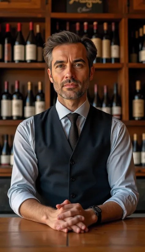 Middle shot of a mature and handsome italian man perfect hands behind a artesan wine shop, High quality image 8k