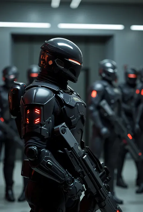 Futuristic senior officers in massive black and matt high-tech armor and exoskeleton(with rare red diodes), Their helmet is designed in a high-tech style with a narrow, thin visor like a scarlet knight and built-in infrared sensors, they are holding a mas...