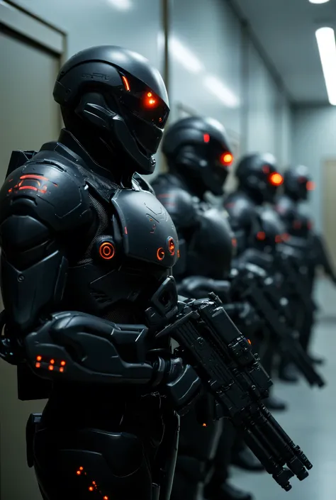 Futuristic senior officers in massive black and matt high-tech armor and exoskeleton(with rare red diodes), Their helmet is designed in a high-tech style with a narrow, thin visor like a scarlet knight and built-in infrared sensors, they are holding a mas...
