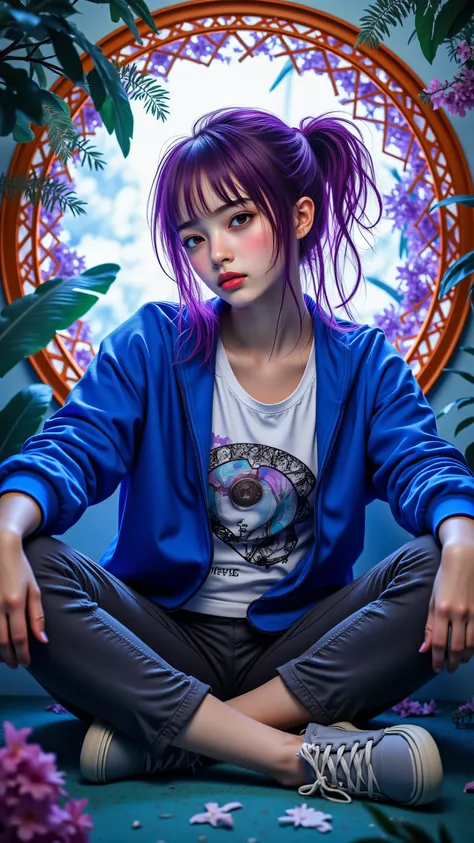 8k, Masterpiece, Top Quality, High-angle viewpoint, serene expression, purple hair, high ponytail, white t-shirt, graphic design, cobalt blue jacket, shiny texture, dark gray pants, reflective stripe, light gray athletic shoes, white soles, cross-legged po...