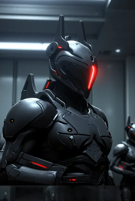 Futuristic senior officers in massive black and matt high-tech armor and exoskeleton(with rare red diodes), Their helmet is designed in a high-tech style with a narrow, thin visor like a scarlet knight and built-in infrared sensors, they are holding a mas...