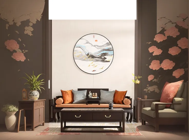 The room has a sofa , Coffee table and coffee table, Wall hanging scroll, Chinese style painting, Chinese painting style, Chinese style, inspired by Emperor Song Huizong, A close-up of a picture frame with flowers and a bird with ancient Chinese aesthetics...