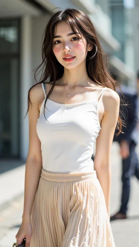 8k, Masterpiece, Top Quality, woman, dark brown hair, loose shoulders, beige flowing midi skirt, pleated, lightweight silky, white sleeveless top, fitted, small dark handbag, thin strap, minimal jewelry, serene smile, urban background, modern architecture,...