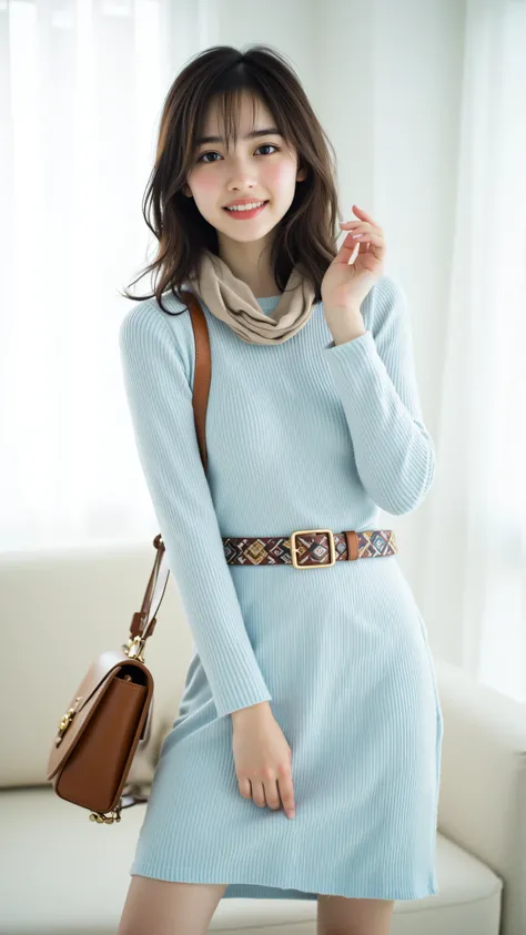 8k, Masterpiece, Top Quality,  Smiling. East Asian. Woman. Long sleeves. Light blue. Ribbed knit. Dress. Mid-calf length. Patterned belt. Beige. Brown. Scarf. Small brown purse. Dark brown hair. Shoulder length. Sheer white curtain. Bright interior. Off-wh...