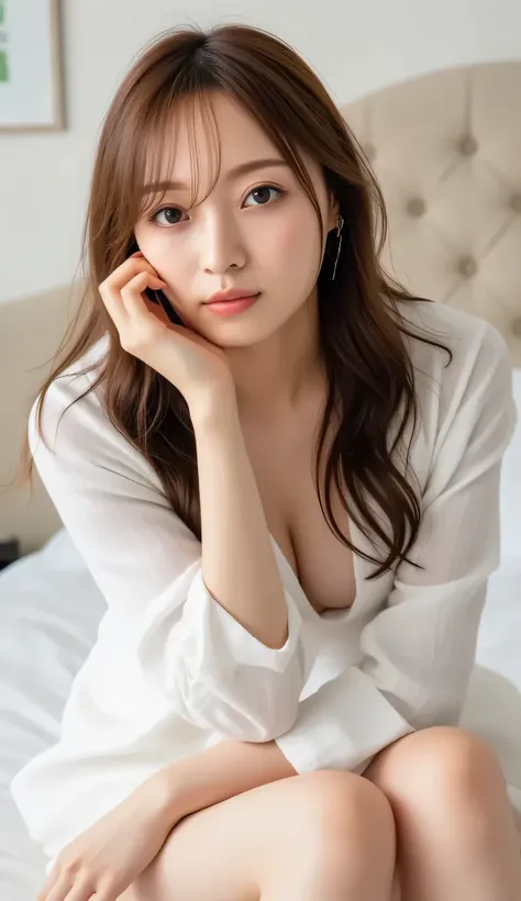 (((    low angle shot 、   biologically accurate images  、      staring at the camera   :1.22,      lean forward  ,   Relaxed Open Shirts 、      underwear))),    20 year old Japanese woman,  slender body, curvy beauty, sexy pose,        hotel room 、     Ind...