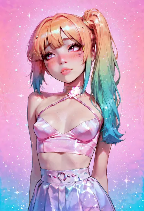 An exquisitely stylized cowboy_shot portrait of a scene girl raver, 21yo mixed race woman, medium_tan skin, colorful hair, gradient hair color, asymmetrical hairstyle, complicated hair, highly detailed skin and hair textures, eye shadow, eye liner, (lip gl...